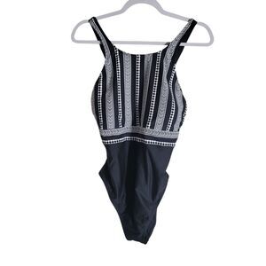 Next NEW X Back One-Piece Salutation Stripe Swimsuit Womens XL Black White Beach